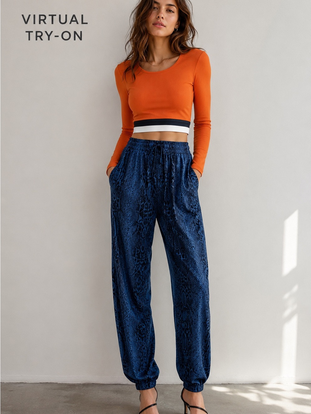 WILO Active Women’s Small Orange Ribbed Long Sleeve Crop Top Navy White Trim